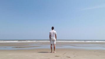 ai generativ man på semester avkopplande på de strand pOV se foto