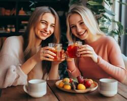 ai generativ raser bäst vänner har roligt på de bar dricka te foto