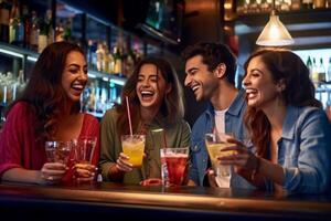 ai generativ raser vänner glädjande mojitos på bar restaurang ung människor fira Lycklig timme toasting drycker och äter aptitretare på tropisk cocktail pub dryck och ungdom liv foto