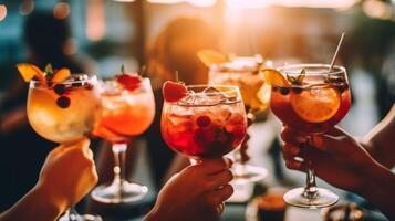 ai generativ människor händer innehav cocktail glasögon i bar tabell grupp av människor äter aptitretare njuter Lycklig timme tid i pub restaurang dryck livsstil begrepp foto