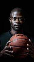 ai generativ porträtt av en basketboll spelare innehav boll med händer idrottare koncentrering på spel selektiv fokus på de boll foto