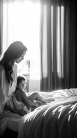 ai generativ porträtt av skön mor spelar med henne unge på Hem Lycklig mamma har roligt innehav henne bebis på de säng svart och vit filtrera foto