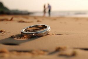 ai generativ romantisk äktenskap förslag på de strand på de havet par i kärlek kissing utomhus- med en äktenskap ringa i främre av dem foto