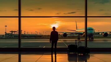 ai generativ silhuett av en flygplats på solnedgång foto