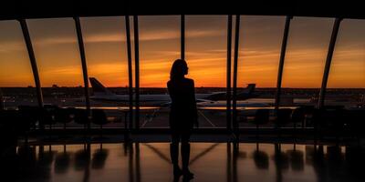 ai generativ silhuett av en flygplats på solnedgång foto