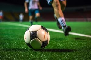 ai generativ fotboll spelare dribblingar med de boll på de stadion foto