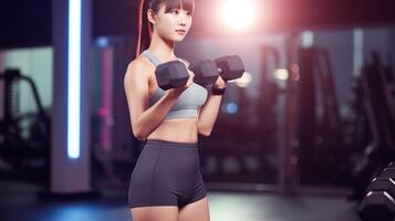 ai generativ sportkläder kvinna lyft vikt på de Gym ung flicka håller på med kondition träna foto