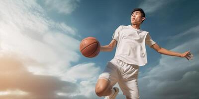 ai generativ gata basketboll spelare framställning en kraftfull slam dunka på de domstol atletisk manlig Träning utomhus- på en molnig himmel bakgrund sport och konkurrens begrepp foto