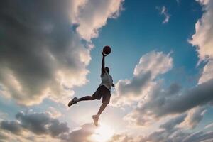 ai generativ gata basketboll spelare framställning en kraftfull slam dunka på de domstol atletisk manlig Träning utomhus- på en molnig himmel bakgrund sport och konkurrens begrepp foto
