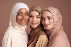 ai generativ tre mångkulturell ung kvinnor kramas tillsammans skön honor porträtt vänskap begrepp foto