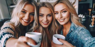 ai generativ tre ung kvinnor tar selfie bild dricka kaffe Sammanträde på bar cafeteria liv stil begrepp med kvinna vänner hängande ut på stad gata mat dryck och vänskap co foto