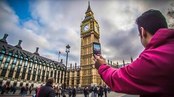 ai generativ turist besöker London England Lycklig man tar selfie med ikoniska Storbritannien landmärke resa och europeisk semester begrepp foto