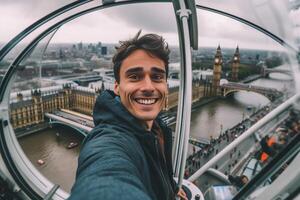 ai generativ turist besöker London England Lycklig man tar selfie med ikoniska Storbritannien landmärke resa och europeisk semester begrepp foto