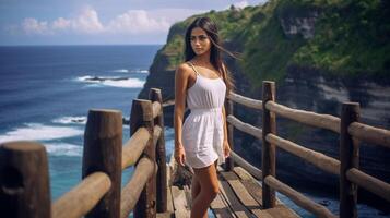 ai generativ turist kvinna på semester i bali indonesien foto