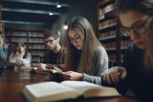 ai generativ universitet studenter studerar tillsammans inomhus- raser ung människor arbetssätt på skola uppdrag i en bibliotek utbildning och ungdom kultur begrepp foto