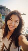 ai generativ kvinna på semester tar en selfie reser Asien foto