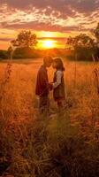 ai generativ ung par kissing på de bakgrund av en solnedgång i de vete fält foto