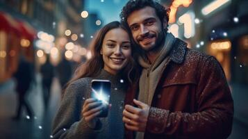 ai generativ ung kärleksfull par använder sig av smartphone i en urban scen caucasian människor har roligt innehav en mobiltelefon foto