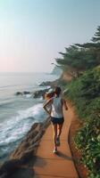 ai generativ ung kvinna löpare löpning på de kustlinje foto