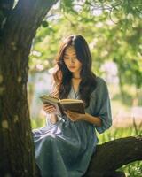 ai generativ flicka läsning en bok Sammanträde i en parkera människor natur och livsstil begrepp foto