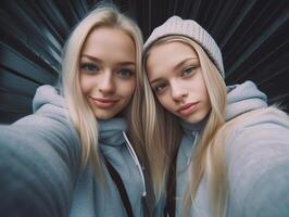 ai generativ två attraktiv caucasian flickor är tar en selfie begrepp handla om människor livsstil och teknologi foto