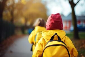 ai genererad först dag elementärt skola grupp liten barn skolbarn elever studenter tillsammans gående högskola klass lektion studie lära sig ryggsäckar tillbaka se. ny akademisk termin år Start primär foto