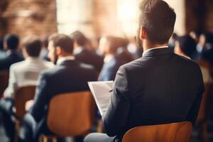 ai genererad olika koncentrerad allvarlig grupp av ung människor manlig kvinna studenter lyssnande högtalare tittar på presentation konferens föreläsning scen. företag utbildning inlärning studie foto