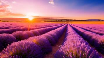 ai genererad skön lavendel- fält solnedgång och rader. foto