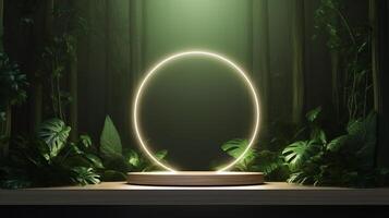 ai genererad elegant produkt presentation podium med lysande cirkel i en frodig skog miljö, idealisk för visa upp lyx objekt foto