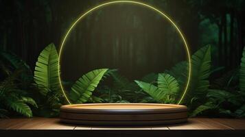 ai genererad produkt visa podium med lysande neon cirkel i en frodig skog bakgrund för visa upp varor. foto
