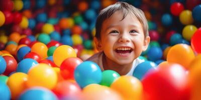 ai genererad glad barn i färgrik boll grop spela område, perfekt för familj roligt centra, inomhus- lekplatser, och födelsedag fest mötesplatser. foto