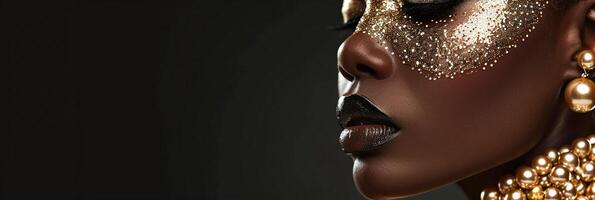 ai genererad baner utsökt afrikansk amerikan skönhet med gyllene smink och rik pärla halsband på en mörk bakgrund. foto