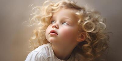 ai genererad porträtt av en nyfiken blond litet barn med lockigt hår gazing uppåt i mjuk ljus foto