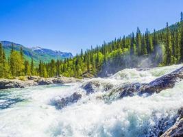 snabbt rinnande flodvatten av vackert vattenfall rjukandefossen hemsedal norge. foto