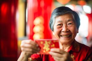 ai genererad kinesisk mormor bär traditionell kostym och innehav aungpao bokeh stil bakgrund med generativ ai foto