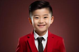 ai genererad kinesisk ny år ung pojke bär kostym och leende med generativ ai foto