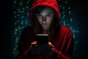 ai genererad kvinna hacker dataintrång från telefon med generativ ai foto