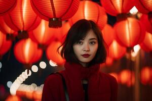 ai genererad skön kinesisk kvinna fira på kinesisk lykta festival bokeh stil bakgrund med generativ ai foto