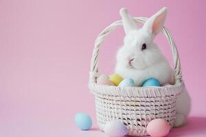 ai genererad en söt kanin med färgrik pastell påsk ägg korg med generativ ai foto