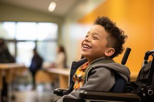ai genererad ung Inaktiverad pojke Sammanträde på rullstol på skola leende bokeh stil bakgrund med generativ ai foto
