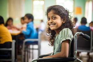 ai genererad ung indisk Inaktiverad flicka Sammanträde på rullstol på skola leende bokeh stil bakgrund med generativ ai foto