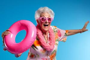 ai genererad en Lycklig gammal kvinna innehav rosa sudd ringa med generativ ai foto