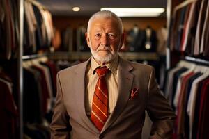 ai genererad äldre entreprenör stående i kostym affär bokeh stil bakgrund med generativ ai foto