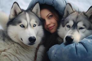 ai genererad ung kvinna kramas med henne huskies hund med generativ ai foto
