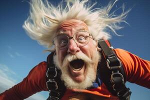 ai genererad ett gammal man tar en selfie medan fallskärmshoppning med genererad ai foto