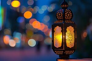 ai genererad arabicum stil hängande lampa bokeh stil bakgrund med generativ ai foto