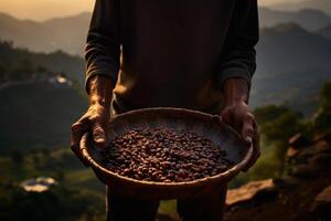 ai genererad en man innehav en trä bricka av kaffe bönor i främre av natur bakgrund bokeh stil bakgrund med generativ ai foto