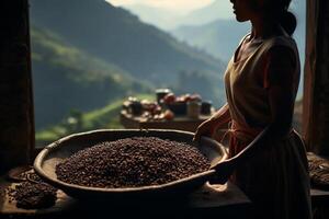 ai genererad en kvinna innehav en trä bricka av kaffe bönor i främre av natur bakgrund bokeh stil bakgrund med generativ ai foto