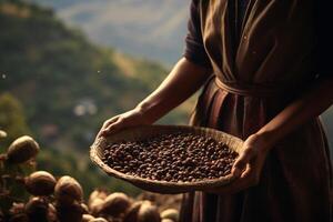 ai genererad en kvinna innehav en trä bricka av kaffe bönor i främre av natur bakgrund bokeh stil bakgrund med generativ ai foto