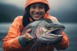 ai genererad en kvinna innehav en stor fisk i de flod bokeh stil bakgrund med generativ ai foto
